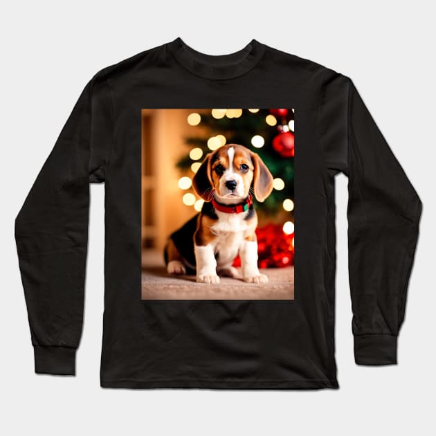 Beagle Puppy by Christmas Tree Long Sleeve T-Shirt by nicecorgi